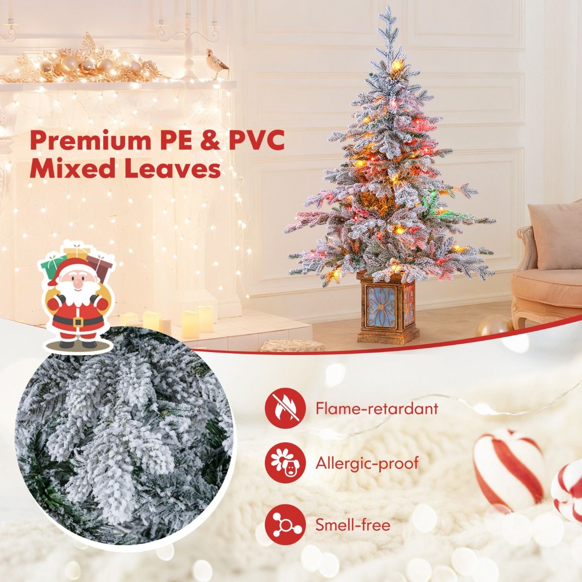 Coast Artificial Christmas Tree 120 cm Green/White - With Snow - 100 LED Multicoloured & Warm White - In Antique Pot