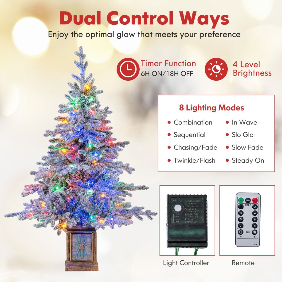 Coast Artificial Christmas Tree 120 cm Green/White - With Snow - 100 LED Multicoloured & Warm White - In Antique Pot