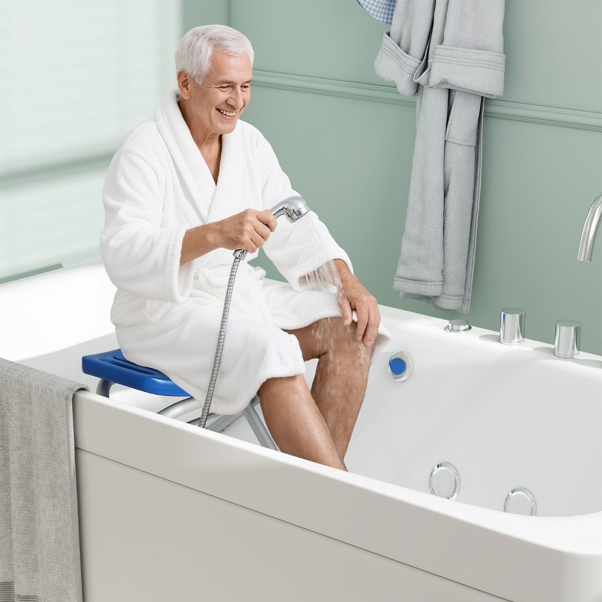 Chaise de douche Coast réglable en hauteur avec pieds en caoutchouc antidérapants - Douche sûre et confortable - 53 x 50 x 52,5 cm - Bleu