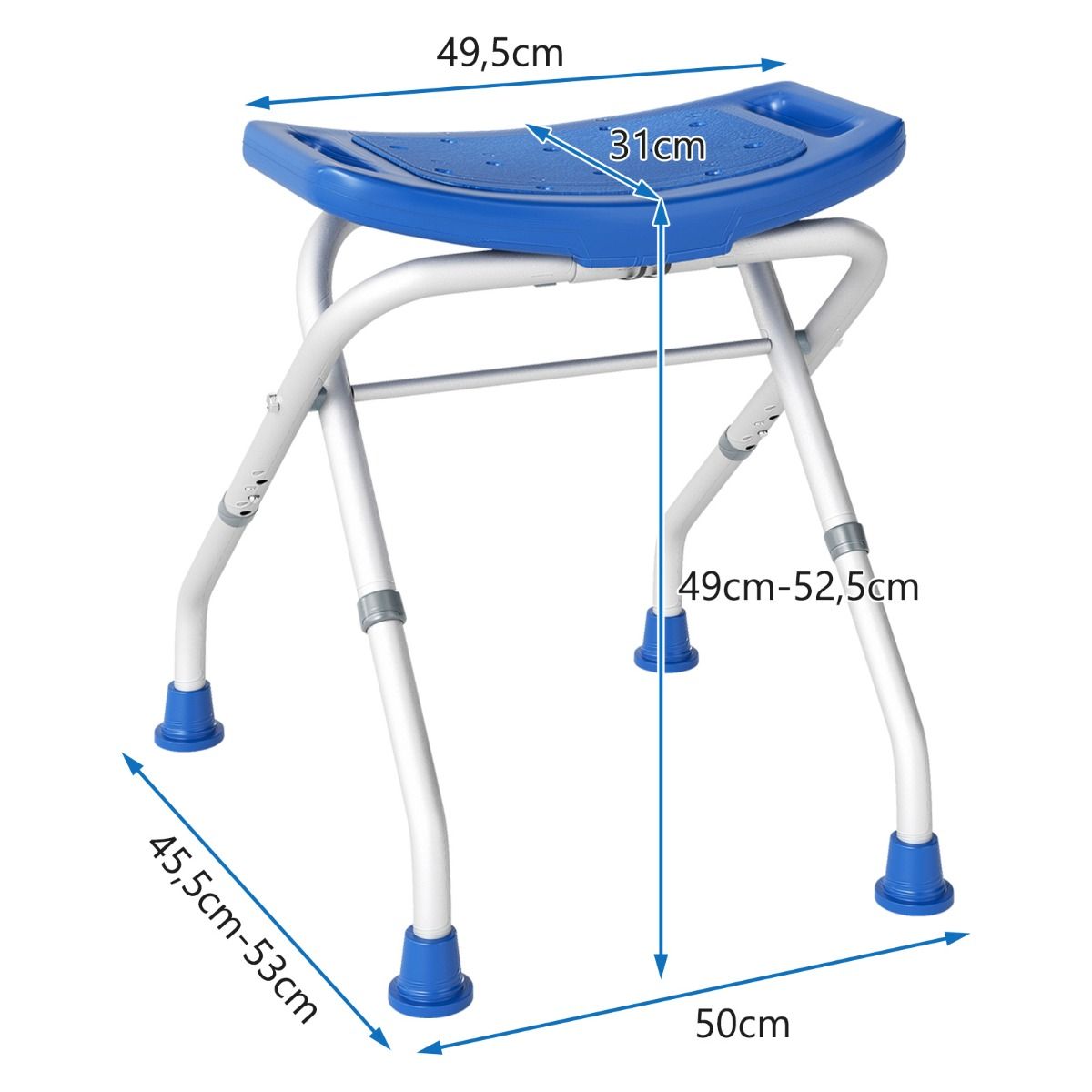 Chaise de douche Coast réglable en hauteur avec pieds en caoutchouc antidérapants - Douche sûre et confortable - 53 x 50 x 52,5 cm - Bleu