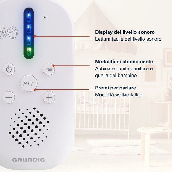 Babyphone audio DECT Grundig - Babyphone d'une portée de 150 m - Unité parents et unité bébé - avec indicateur sonore à LED et fonction interphone - Accessoires pour chambre de bébé - Blanc