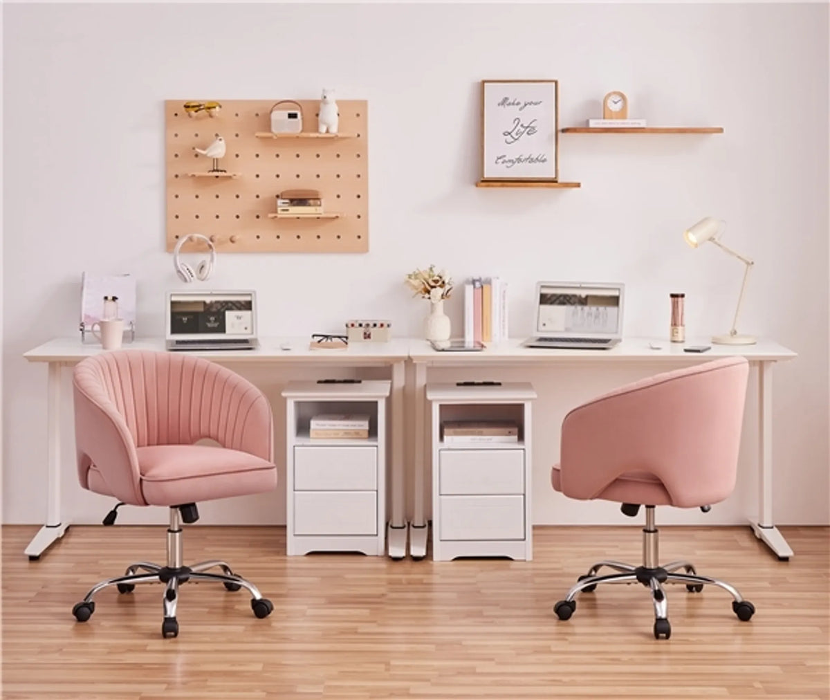 Yaheetech Chaise de bureau à bascule - Hauteur réglable par vérin à gaz, roues pivotantes à 360° et motif vertical - Pour bureau et salle de réception - Velours rose et métal - 60 x 56,5 x 73-83 cm