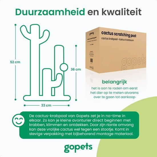 Gopets griffoir Cactus - griffoir Cactus avec corde - griffoir design moderne - meuble à griffer avec jouet - 33 x 52 cm