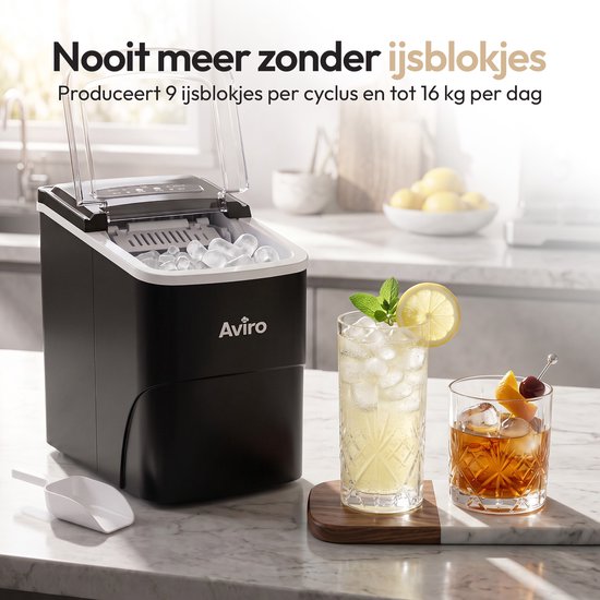 Machine à glaçons Aviro XL - 2 L - Avec cuillère à glace - Machine à glaçons - 16 kg / 24 h - Fonction d'auto-nettoyage - Noir