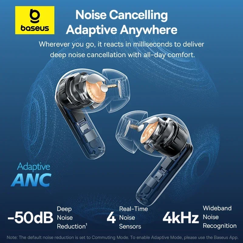Écouteurs Baseus Bass EP10 Pro TWS - Réduction active du bruit adaptative (ANC) de 50 dB - Bluetooth 6.0 - LDAC - IP55 - Noir - 55 heures