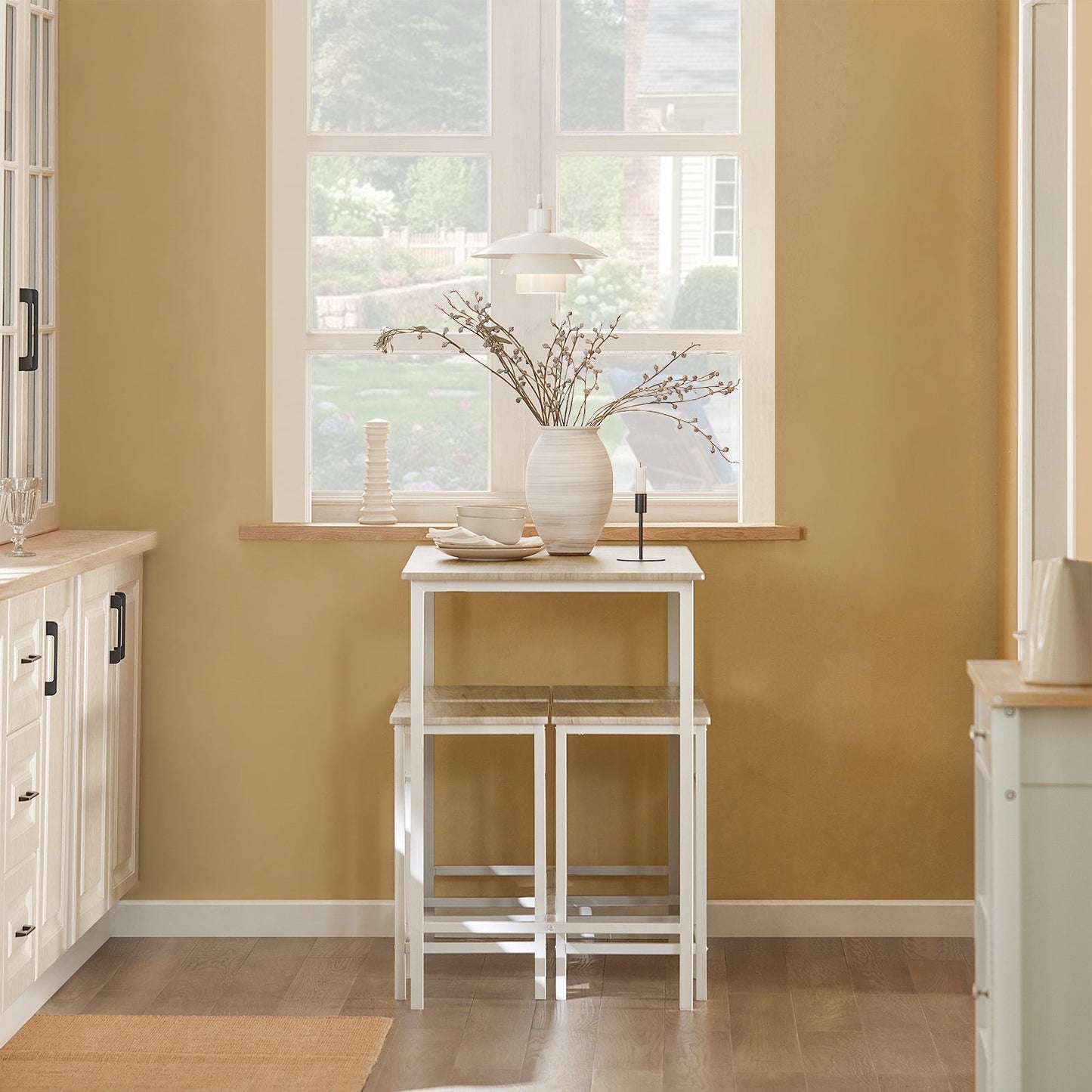 SoBuy Table de bar avec 4 tabourets - Moderne - max. 120 kg - Blanc / Marron