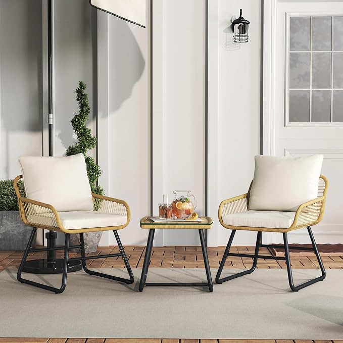 Ensemble de bistrot 3 pièces Yaheetech - Coussins et table en verre inclus - Beige/crème