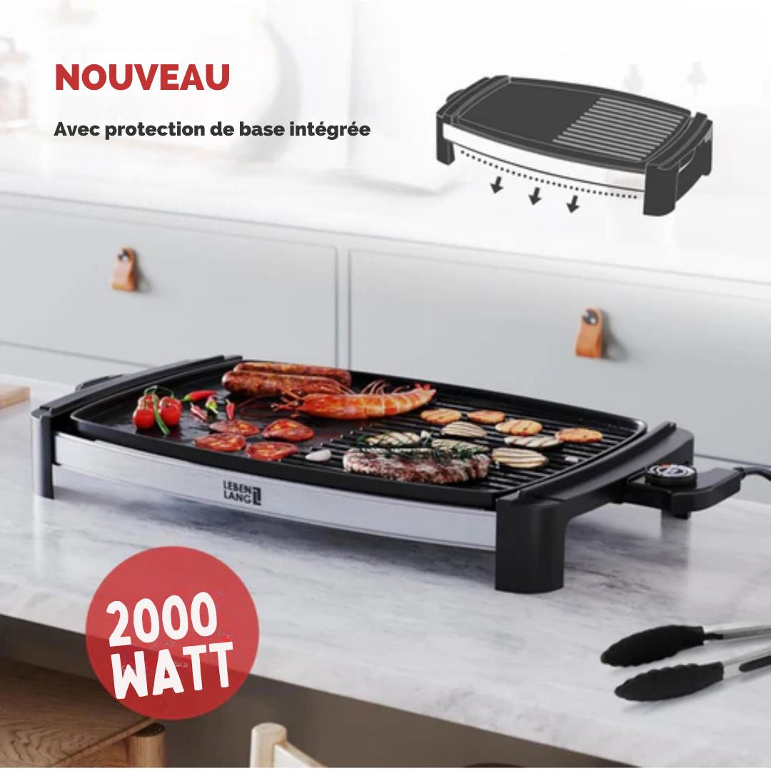 Plaque de gril électrique LEBENLANG - 2000 Watt - 4 à 8 personnes - Idéal pour l'intérieur et l'extérieur - 32.1 x 54.5 x 6.5 cm - noir