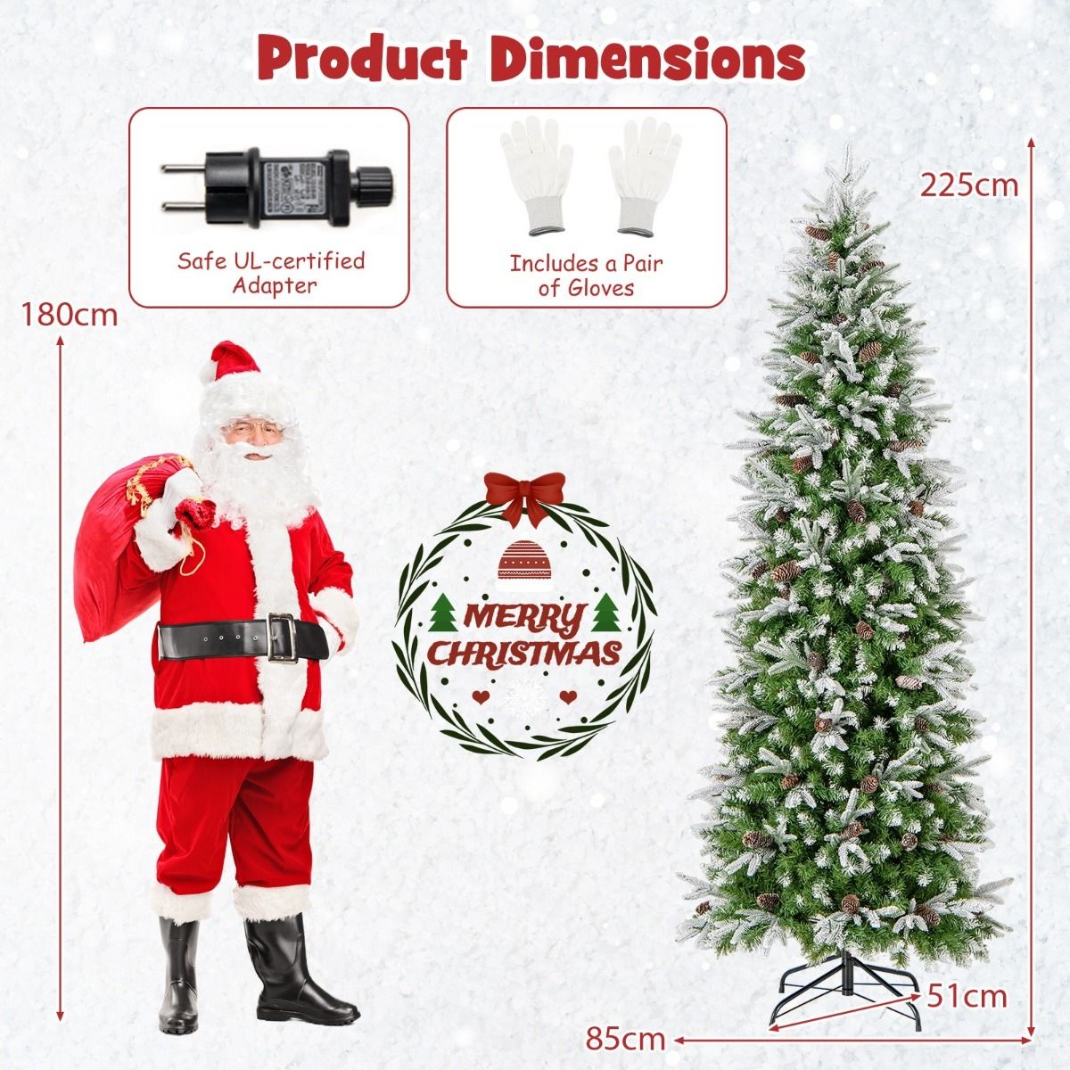 Coast Artificial Christmas Tree 225 cm Green/White - Pre-light with Warm White LED - Hinge construction - 913 Branches - With Snow and Pine Cones