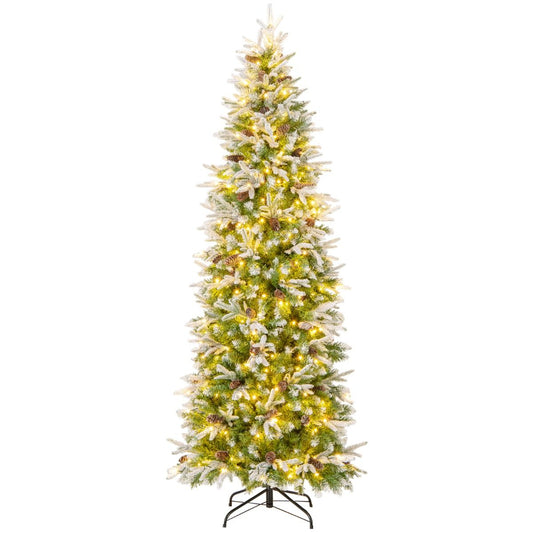 Coast Artificial Christmas Tree 225 cm Green/White - Pre-light with Warm White LED - Hinge construction - 913 Branches - With Snow and Pine Cones