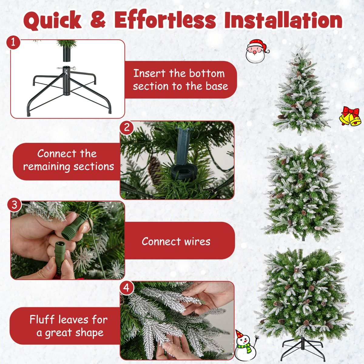 Coast Artificial Christmas Tree 225 cm Green/White - Pre-light with Warm White LED - Hinge construction - 913 Branches - With Snow and Pine Cones