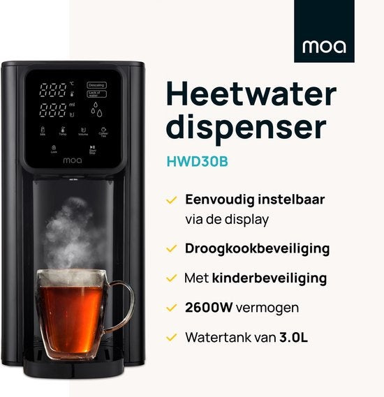 Distributeur d'eau chaude - MOA - Bouilloire - Réglage de la température - Affichage numérique - Réservoir d'eau amovible - 3 litres - Noir