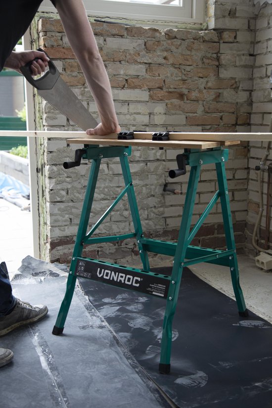 Etabli VONROC - Equipé d'un plan de travail en bambou - Pliable et chargeable jusqu'à 150kg