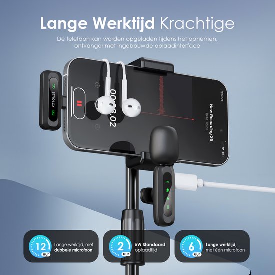 Microphone sans fil Strolox® Pro - Lot de 2 - Micro-cravate - Protège-vent - Épingle de cravate - Batterie longue durée - USB-C/Lightning - Plug & Play