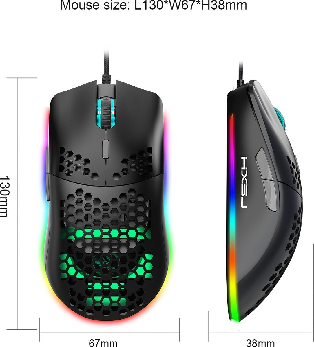 HXSJ J900 Souris de jeu optique - Ultra légère - Illumination RGB - 6400 DPI - Noir
