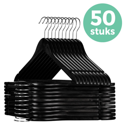 LifeGoods Cintres - Avec barre de pantalon - Bois dur - Noir - 50 pièces