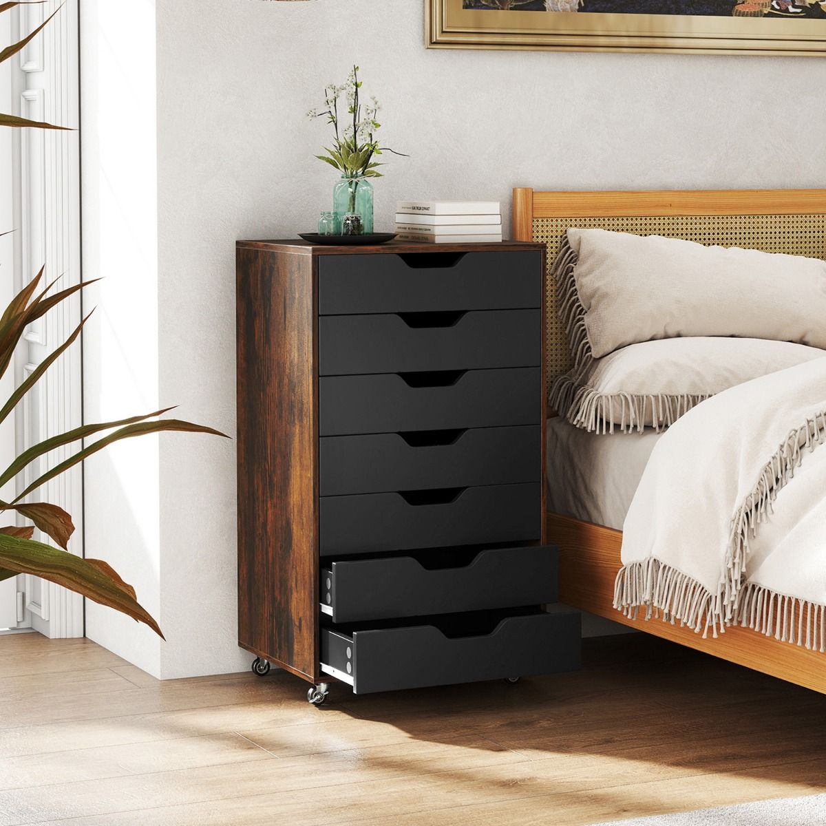 Commode en bois à roulettes Coast avec 7 tiroirs - 49 x 40 x 89 cm - Marron rustique/Noir
