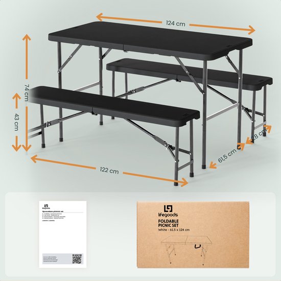 LifeGoods Set de pique-nique pliable - 124cm x 61.5cm - Table de jardin avec 2 bancs - Résistant aux intempéries - Table de camping - Table de bière pliable - Pour l'intérieur et l'extérieur - Pour 4 à 6 personnes - Noir