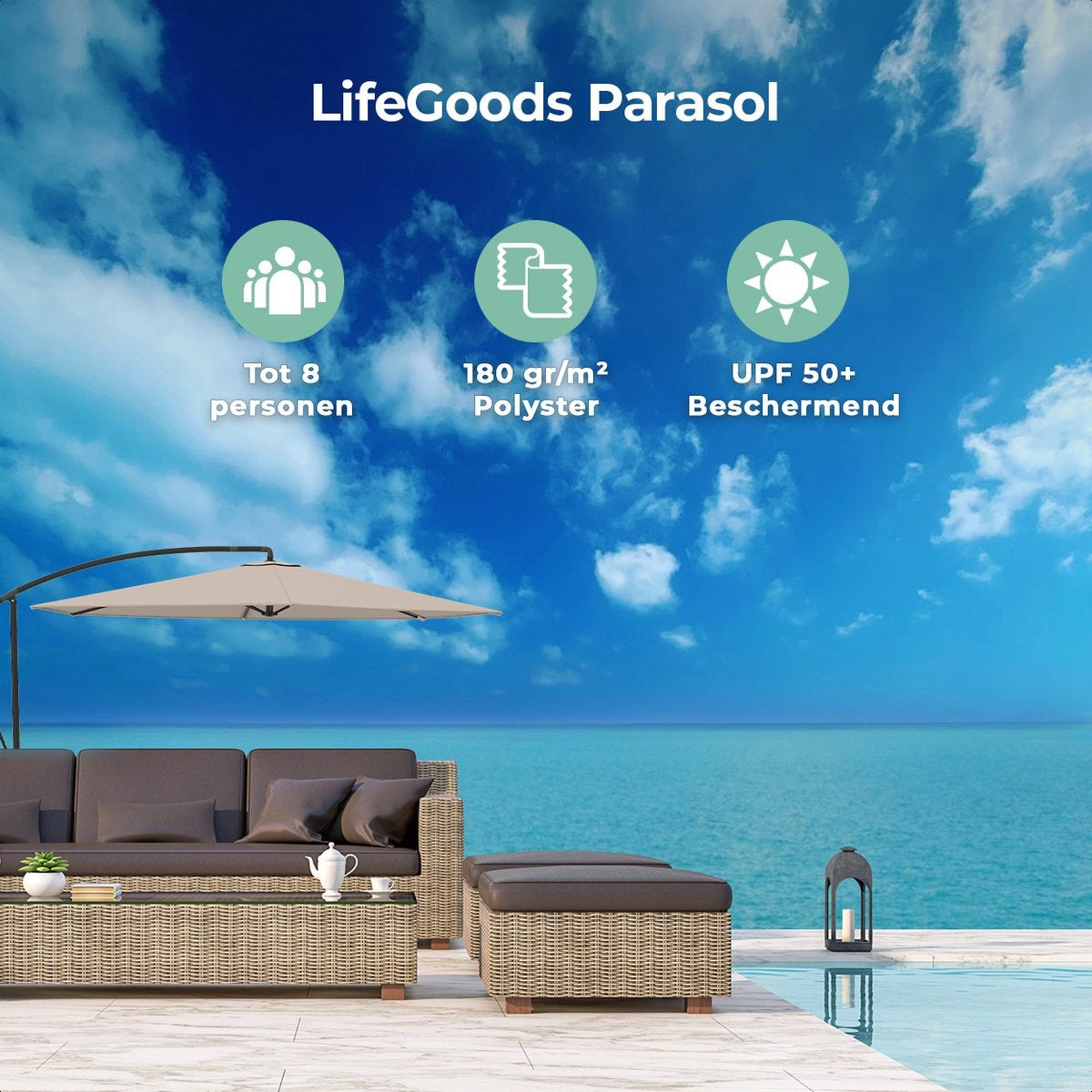 LifeGoods Parasol flottant - jusqu'à 8 personnes - Ø300cm - imperméable - avec housse et base en croix - jardin ou plage - Crème