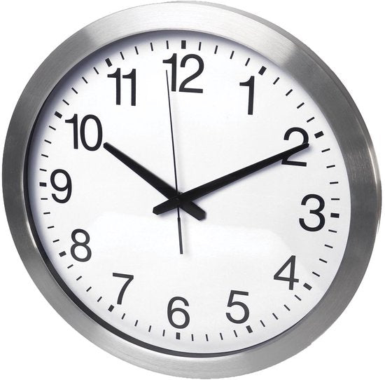 Horloge murale Perel 40 cm, analogique, avec synchronisation automatique de l'heure par DCF, grand cadran très lisible, cadre en aluminium argenté, salon, cuisine, bureau, salle d'attente