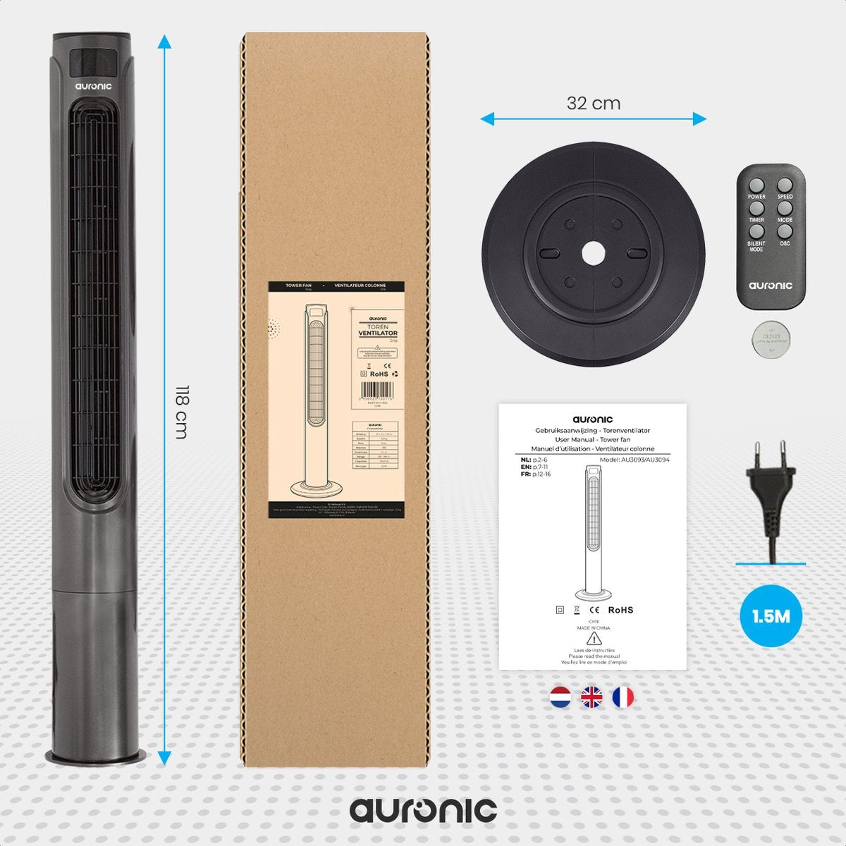 Ventilateur sur Pied - Auronic - avec Télécommande – Tour 118 cm – Minuterie - 55W, 45 dB – Gris Foncé