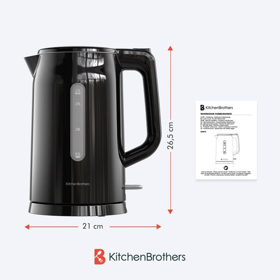 KitchenBrothers Bouilloire - Électrique - 1,7 litre - Avec filtre à calcaire - Double paroi - Cool-touch - Noir