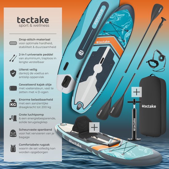 tectake® Stand-Up Paddle Board - SUP Board - Gonflable - Stable - 288 x 77 x 22.5 cm - Max 200kg - Orange Turquoise