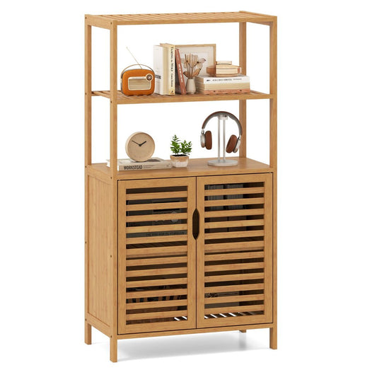 Coast Bamboo Bookcase with Doors - Meuble de rangement à 4 niveaux avec portes à lamelles - 60 x 33 x 116 cm - Naturel