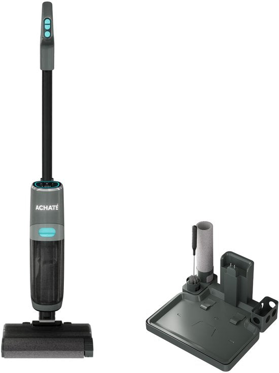 Achaté Nettoyeur de sols - 3-en-1 Aspirateur à manche avec fonction serpillière - Nettoyeur de sols secs et humides - Sans fil 55 min - Auto-nettoyant - Pour des sols propres et sans traces