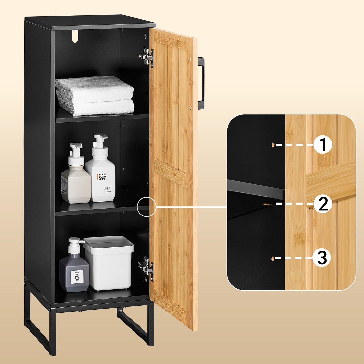 sobuy Meuble de salle de bain étroit - 30x30x90 cm - bambou & noir - meuble de salle de bain compact avec porte et étagères réglables