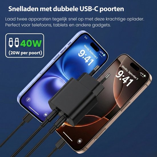 Faas USB C Charger - Chargeur rapide - 40W - 2x 20W Port - 2 câbles - 1.5 mètres - USB C Cable - USB C to USB C - Black