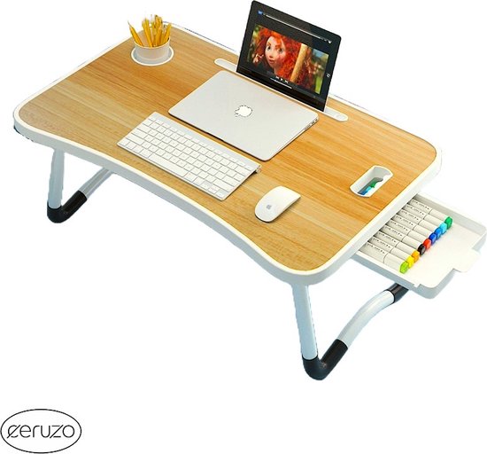 Tablette pliable pour ordinateur portable - Table de lit - 60 x 40 cm - Motif bois - Petit-déjeuner au lit - Table d'appoint pour canapé