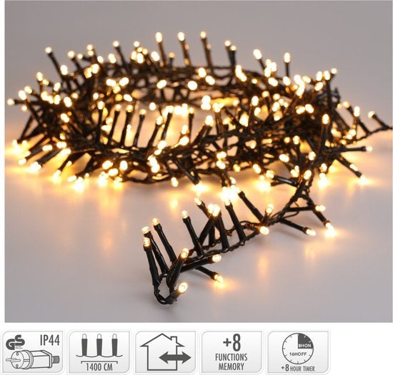 Microcluster - 700 LED - 14m - bicolore romantique - Blanc chaud Blanc extra chaud - Minuterie - Fonctions d'éclairage - Mémoire - Extérieur