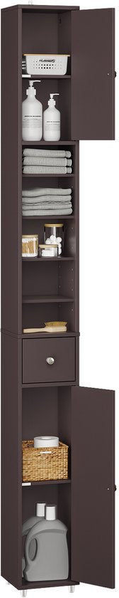SoBuy Meuble de salle de bain haut - Meuble de rangement étroit avec étagères réglables et tiroir - brun foncé, 20x20x180cm, BZR34-II-BR - Meubles de salle de bain