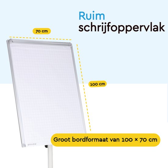 BRASQ Flipover Mobile - 70x100 cm - Tableau blanc ajustable - Comprend 25 feuilles de papier, 4 marqueurs, 8 aimants, une gomme - Flipover avec trombone et crochets - Tableau magnétique - Tableau magnétique - Blanc