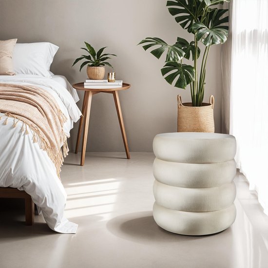 tectake® Tabouret avec rangement - Tabouret scandinave en tissu velours - Tabouret rembourré rond pour coiffeuse, chambre, salon ou comme meuble d'entrée - Tabouret de rangement - crème