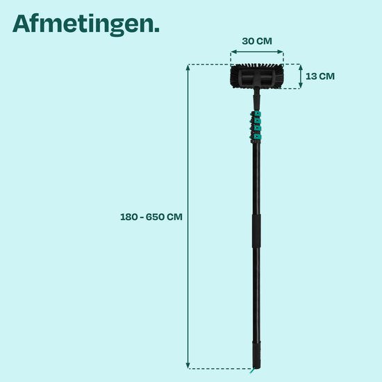 Brosse de lavage télescopique hybride VONROC – Aluminium/carbone 3K – 6,5 m – Avec tête de brosse à 5 pans, tuyau d'arrosage de 9 m et distributeur de savon