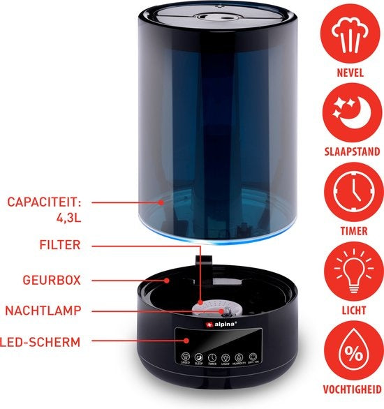 alpina Humidificateur 4.3L - Humidificateur - Diffuseur d'arômes avec minuterie - Télécommande - Noir