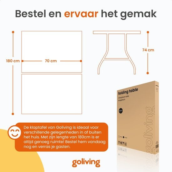 Goliving Table pliante - Table pliante - Table de camping - Table pliante d'extérieur - Résiste aux intempéries - 180 x 70 x 74 cm - Blanc