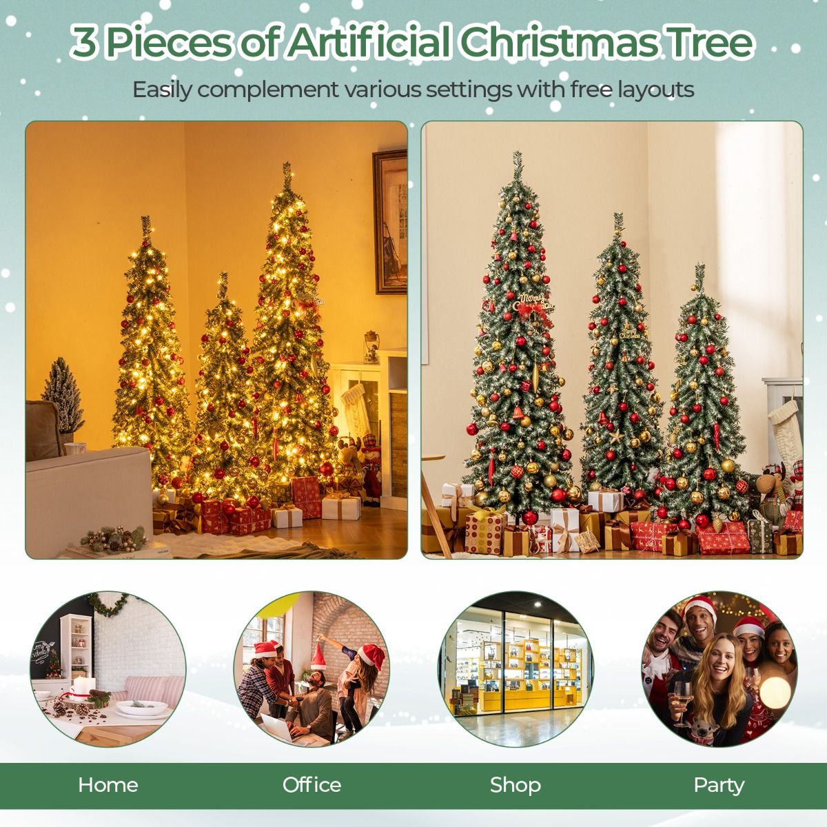 Lot d'arbres de Noël artificiels Coast - en forme de crayon - avec neige artificielle et éclairage LED - 120/150/180 cm