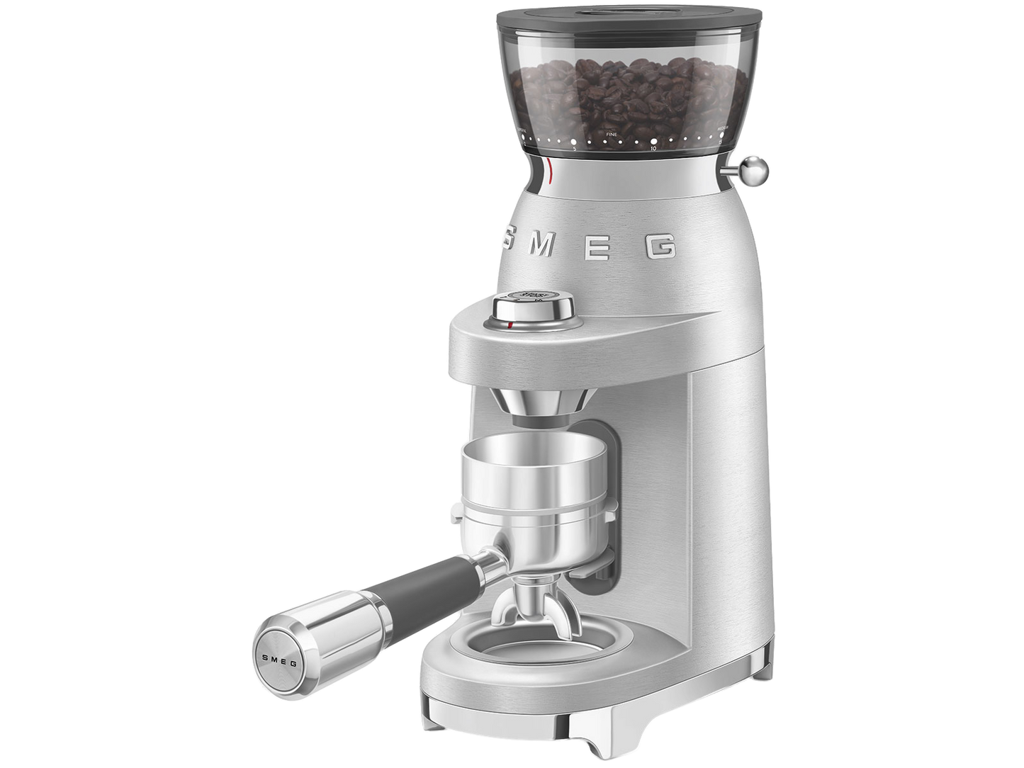 Moulin à café Smeg en aluminium CGF02SSEU – Meule conique avec 50 niveaux de mouture – Argent / Acier inoxydable