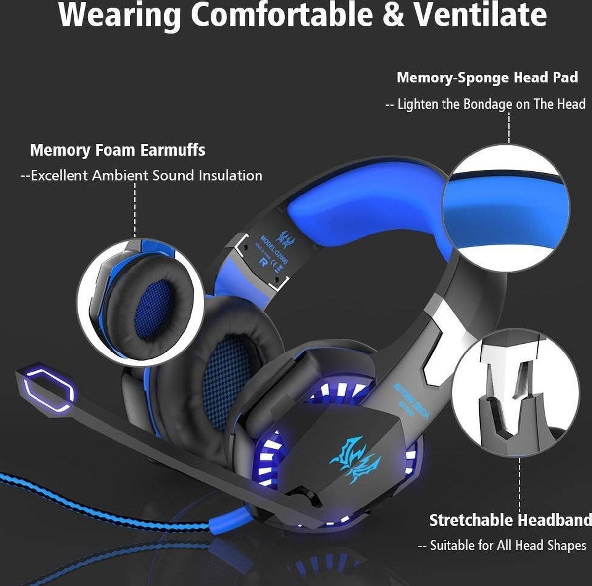 KOTION Casque de jeu EACH G2000 - Noir/Bleu - Convient pour PS5, Xbox Series X, Windows et Switch