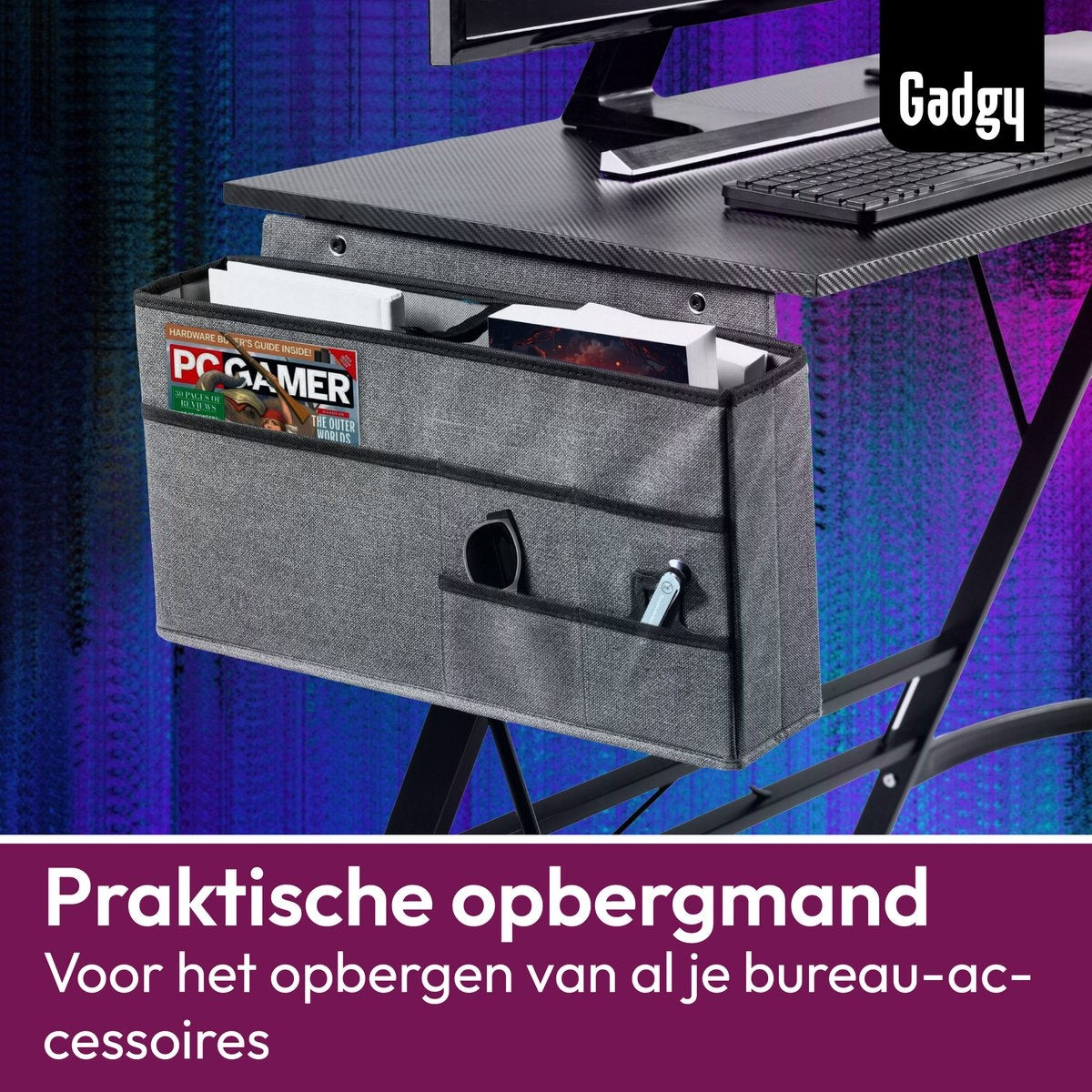 Gadgy Game Desk Carbon PRO - Gaming Corner Desk 130 CM Wide - Gaming Desk with Carbon Details - Gaming Desk L-Shape with Headphone Holder, Screen Raise & Storage Basket - Level Up with Gadgy - Black Carbon