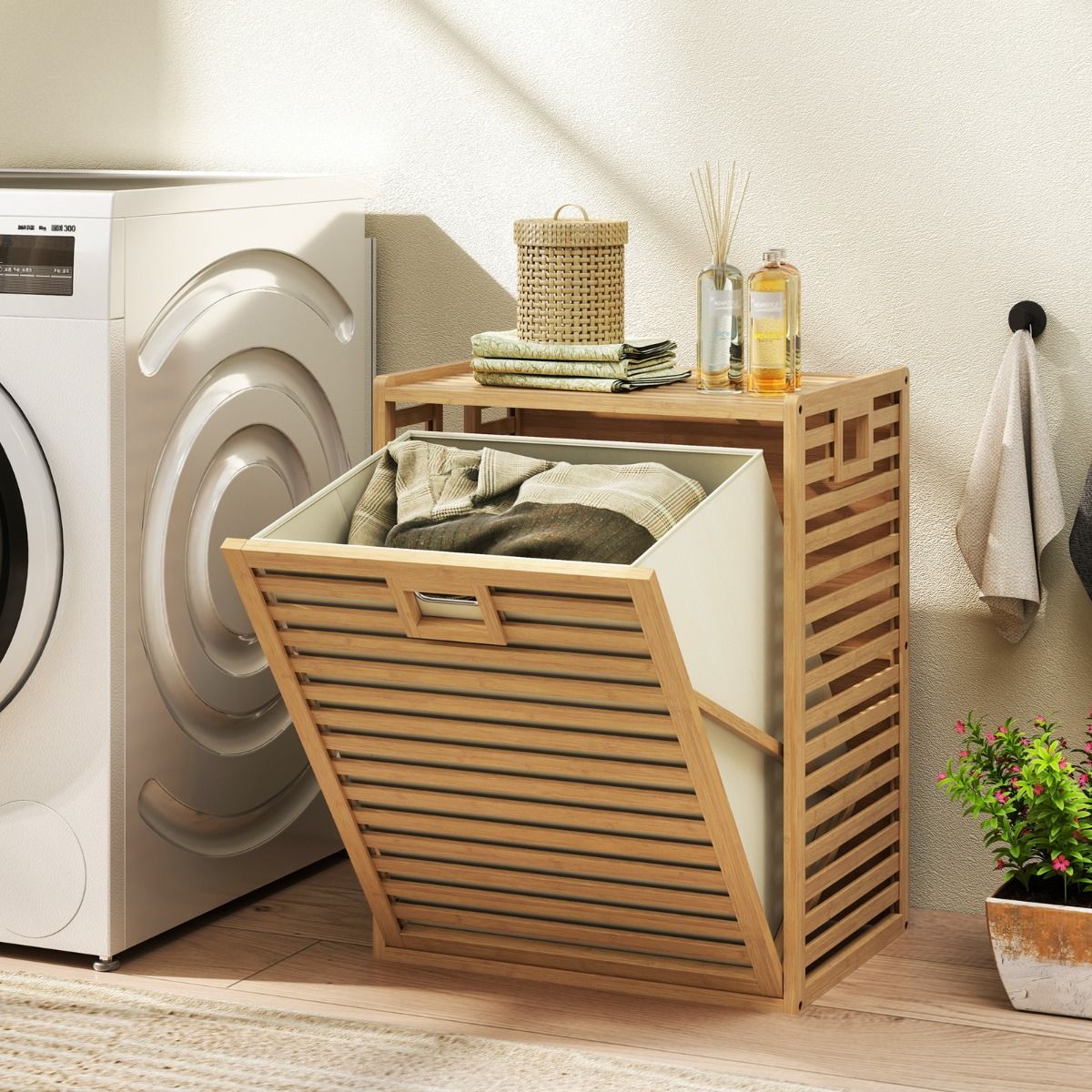 Étagère de salle de bain Coast avec panier à linge - bambou - panier en tissu rabattable - naturel