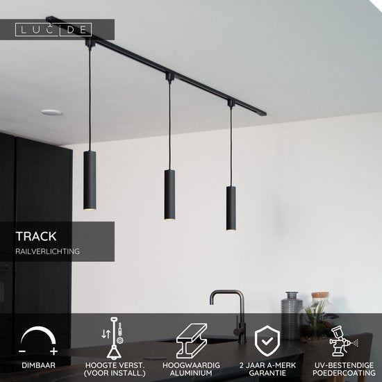 Suspension Lucide TRACK FLORIS - Système de rail monophasé / Éclairage sur rail - 1xGU10 - Noir (extension)