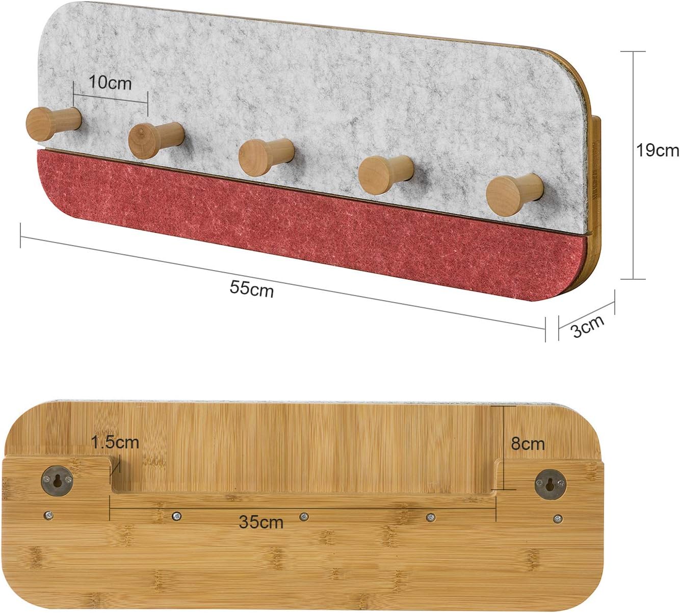 Porte-manteau mural SoBuy FHK16-R – 5 crochets – Bambou et feutre – 55 x 3 x 19 cm – Rouge