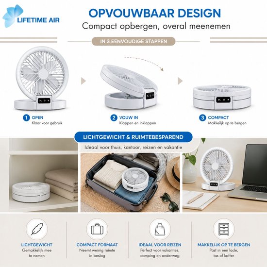 Ventilateur de table rechargeable Lifetime Air - Mini ventilateur USB 1 200 mAh - 5 vitesses et écran LED - 21 x 20,5 x 23 cm - Blanc