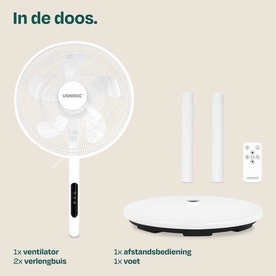 Ventilateur de sol VONROC - Ø 45,5 cm - 4 vitesses et mode veille – minuterie - réglable sur 3 hauteurs - télécommande incluse - blanc