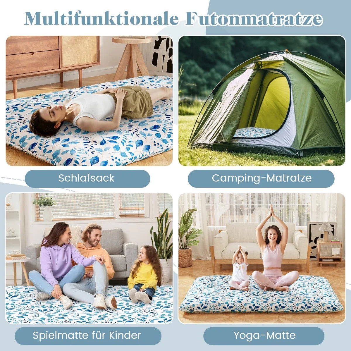 Matelas futon japonais Coast Tatami – Livré avec une housse extérieure lavable en machine, un sac de transport pratique et des sangles de roulement résistantes – Idéal pour les invités et le camping – Microfibre bleue et polyester – 10 x 100 x 200 cm