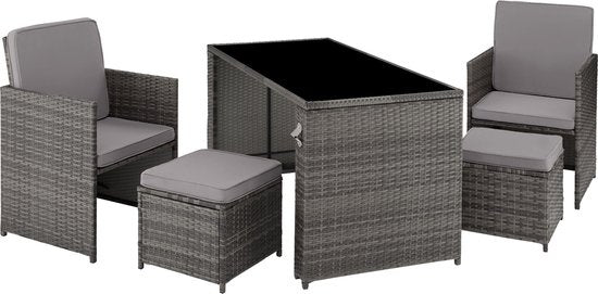 tectake® - ensemble de sièges en osier, salon de jardin 5 pièces avec table, fauteuil et tabouret, ensemble de salle à manger pour 4 personnes, meubles de jardin et de balcon avec coussins - gris - poly-rattan